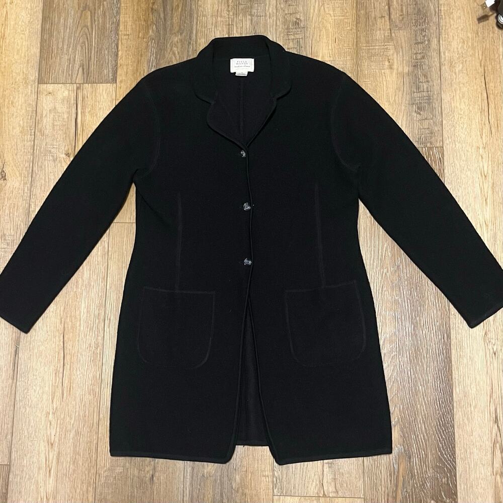 Field Manor Long Cardigan Sweater Jacket S Black 100% Wool Button Front Classic
